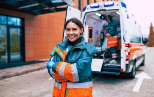 Smiling female EMS professional with arms crossed